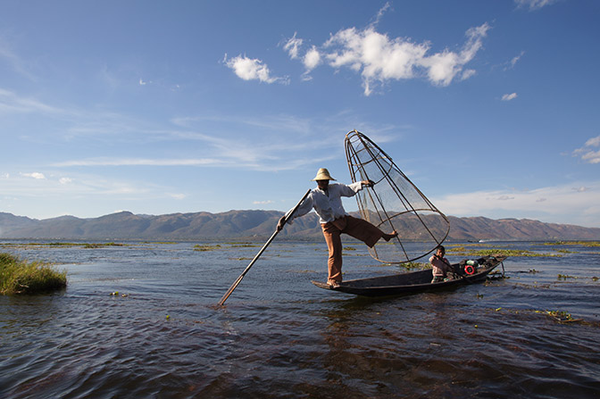 Fishing with cone-shaped net contraption, Inle Lake 2015