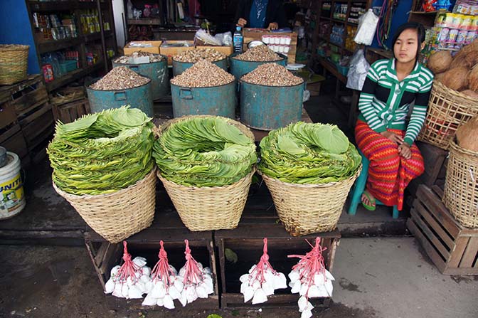A stall in the market offers the ingredients of betel nut chewing, Myitkyina 2016