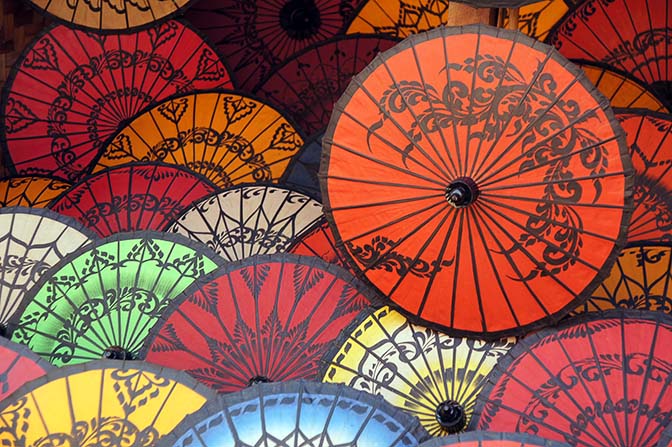 Myanmar Traditional Pathein colorful handmade umbrellas/parasols, Bagan 2015
