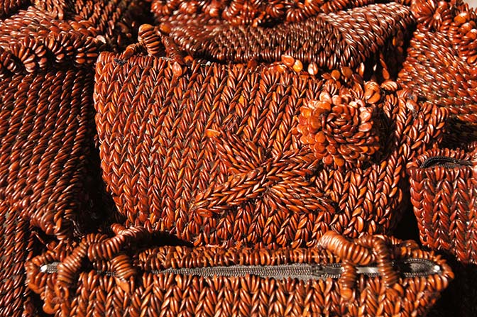 Handbags decorated with seeds sold at the entrance to Mahamuni Buddha Temple, Mandalay 2016