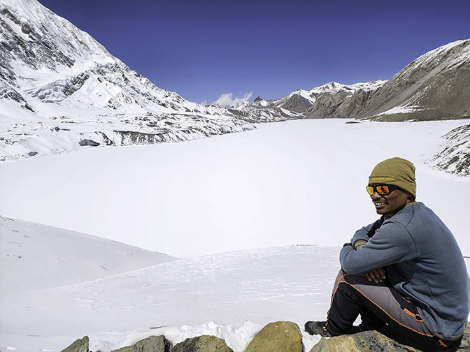 Ramesh by the frozen Tilicho Lake at 4,990 meters above sea level, 2023
