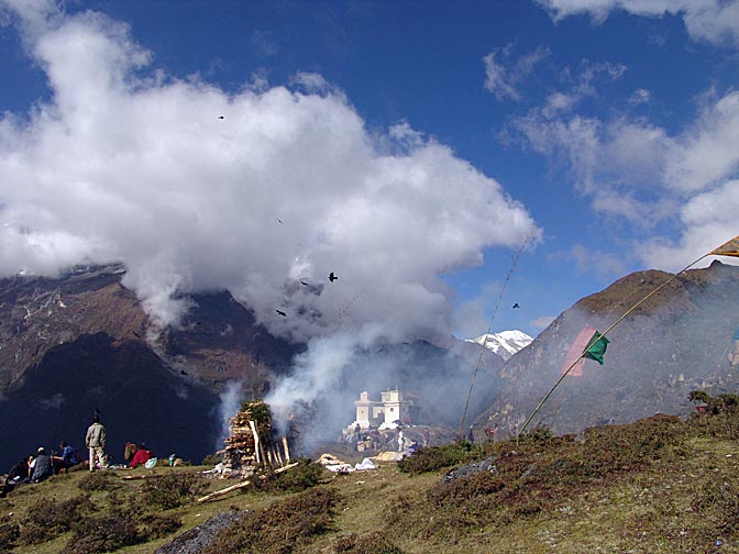 A cremation ceremony above Namche Bazaar, 2004