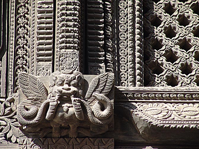 Ancient wood carvings in the Kathmandu Durbar Square, 2004