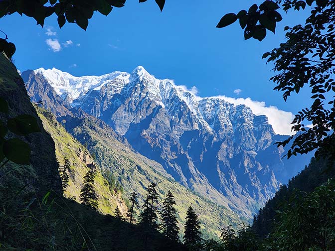 The peaks surrounding the Tsum Valley to the northwest are revealed on the climb to Chumling, 2022 