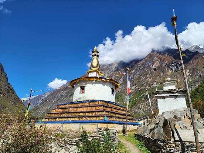A stupa and sacred Mani Stones in Tsum Valley, 2022