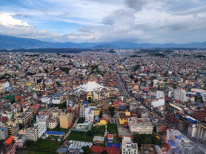 Helicopter flight over Bouddhanath Stupa in Kathmandu, 2022