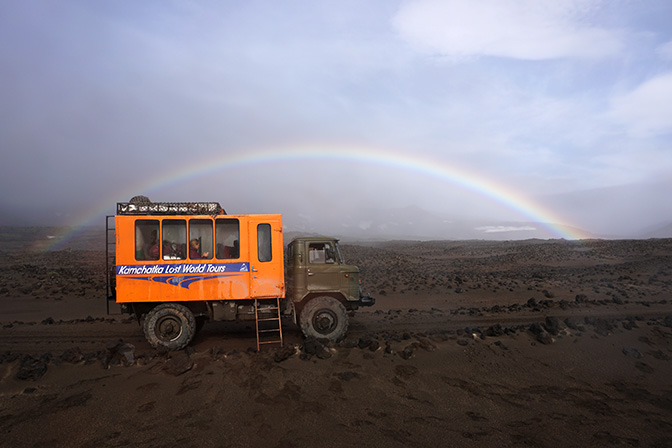 Rainbow on the Mutnovsky and Gorely Volcano plateau, and our 4WD truck, 2016