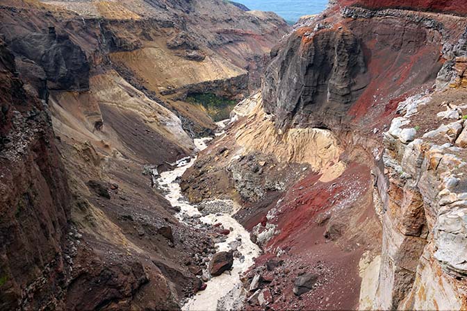 The narrow canyon created by the river which drains the caldera of Mutnovski Volcano, 2016