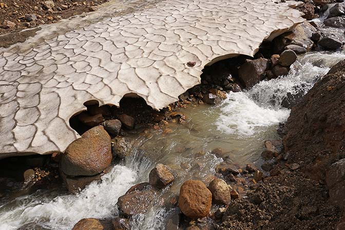 The river which drains the caldera of Mutnovski Volcano flows under snow cover, 2016