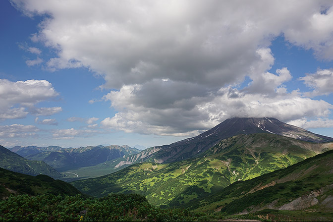 Clouds cover the peak of the Viluchinsky Volcano, 2016