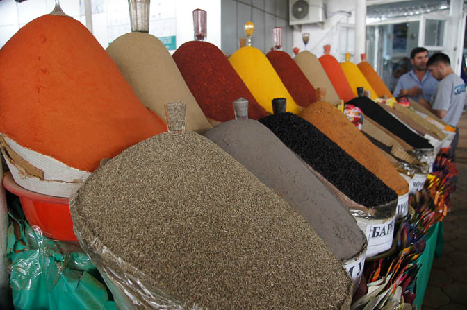 Mounds of spices on display in the Shah Mansur Green Bazaar (market), Dushanbe 2013