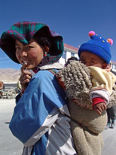 Tied to the back in Old Tingri, Tibet, China 2004