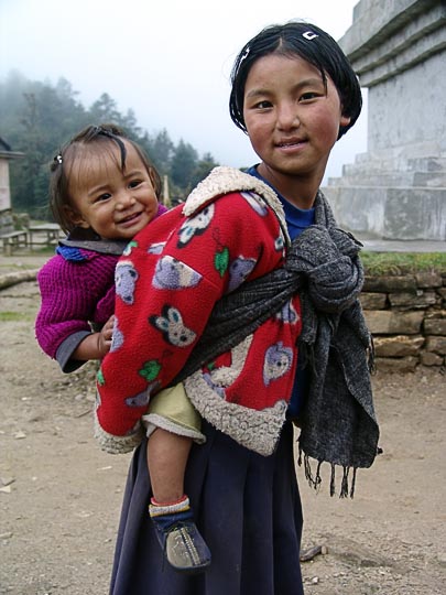 Tied to the back in Trakshindo La, along the Khumbu Trail to the Everest, Nepal 2004