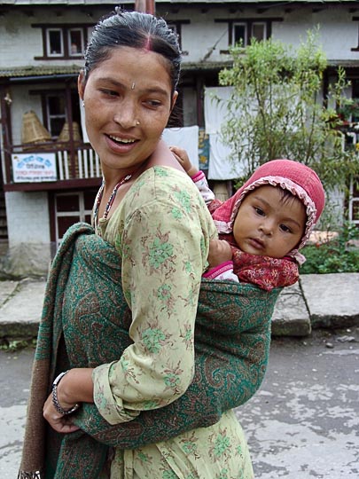 Tied to the back in Jiri, along the Khumbu Trail to the Everest, Nepal 2004