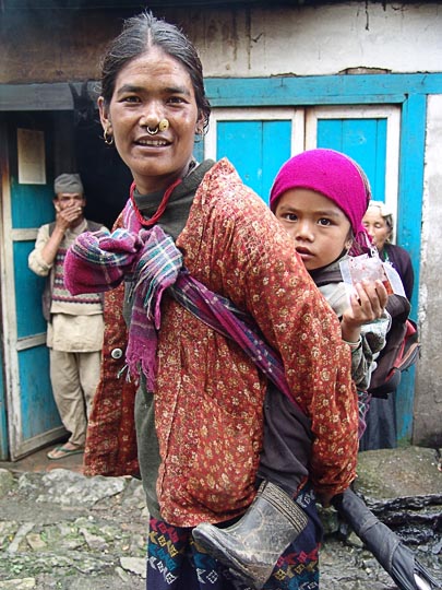 Tied to the back in Jiri, along the Khumbu Trail to the Everest, Nepal 2004