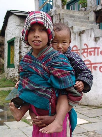 Tied to the back in Deurali, along the Khumbu Trail to the Everest, Nepal 2004