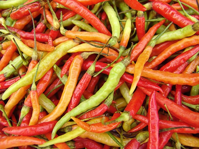 Colorful chili peppers in Luang Namtha market, Laos 2007