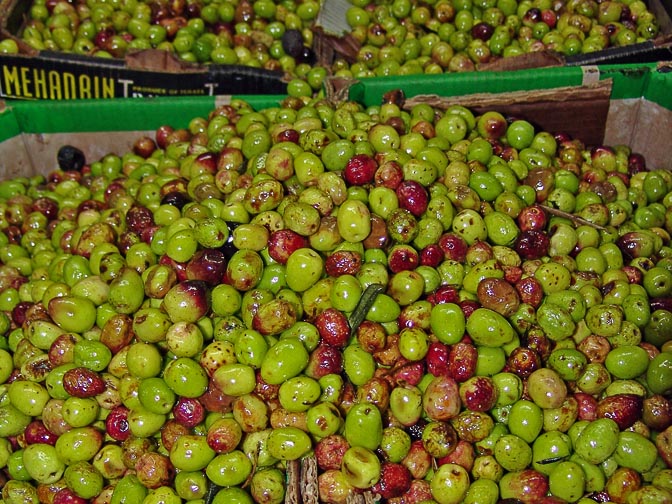 Colorful olives in the old city of Jerusalem market, Israel 2006