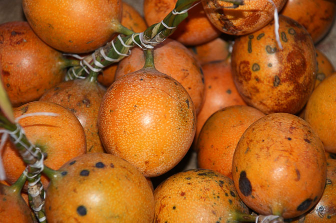 Sugar fruits (Passiflora maliformis, Sweet Calabash) in Goroka market, Papua New Guinea 2009