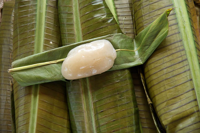Processed Sago (Metroxylon sagu, Saksak) wrapped in banana leaves in Angoram market, Papua New Guinea 2009