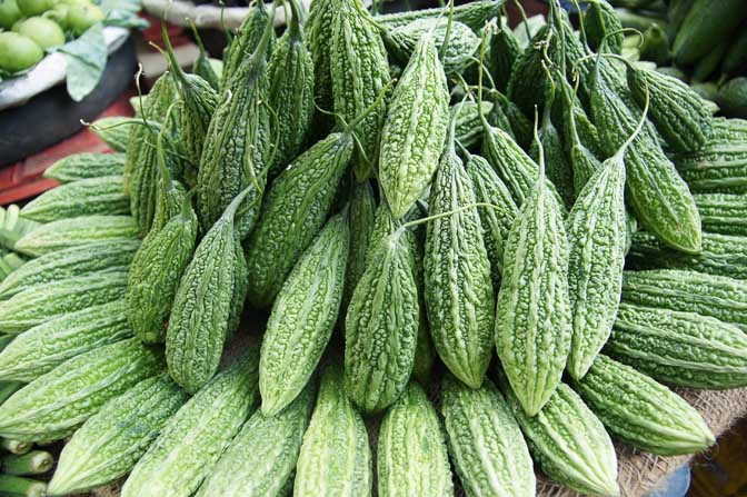 Bitter melon (Momordica charantia, Karela) in Paharganj market in Delhi, India 2011