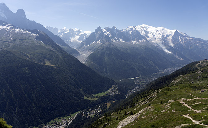 Chamonix in the valley, nestled below Mont Blanc Massif, France 2018