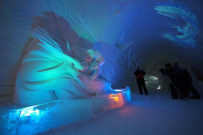 Inside the lobby of the LumiLinna Snow Castle of Kemi, by the Gulf of Bothnia, Finland 2012