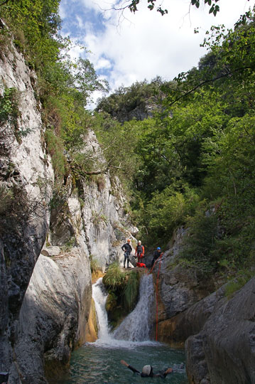 Getting ready to slide a waterfall in the Maglia Canyon, France 2011