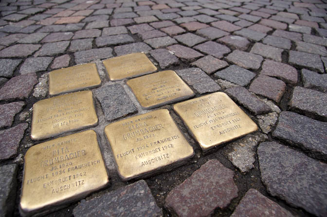 Stumbling Blocks (Stolpersteine) commemorate the Jewish victims of the Holocaust, laid with the pavement in front of their last residence, Freiburg 2013