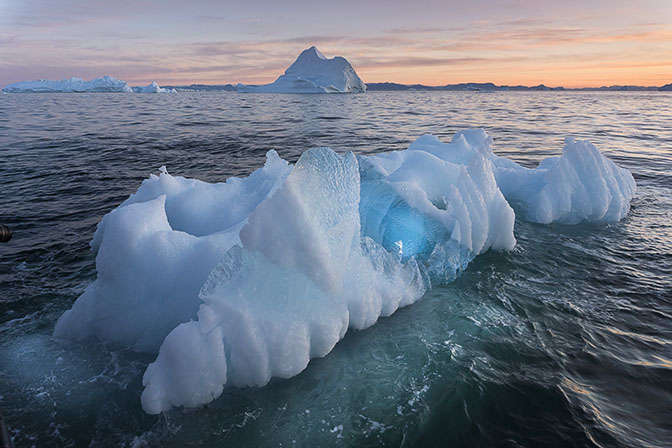 Icebergs afloat between sunset and sunrise, 2017