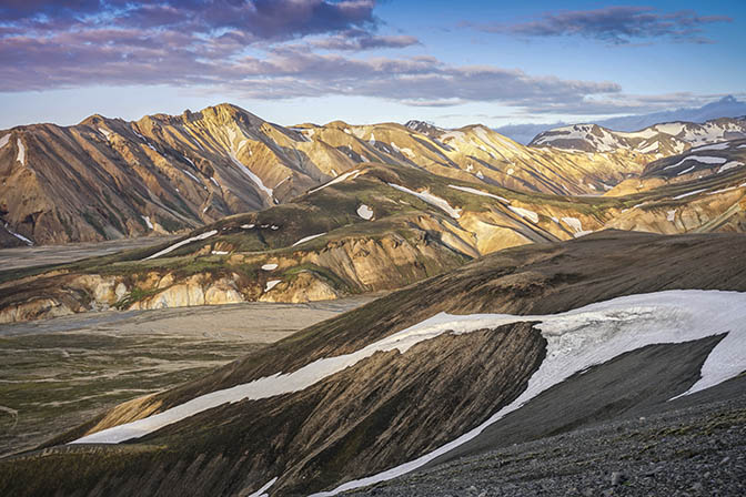 Landmannalaugar colorful mountains at sunset, view from Blahnukur mountain, 2017