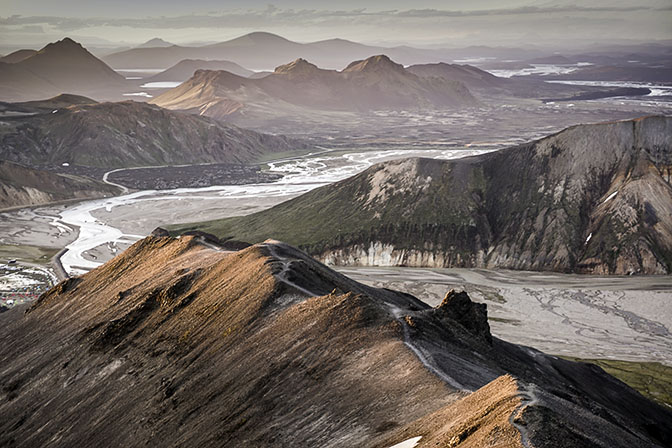 A misty sunset over Landmannalaugar, view from Blahnukur mountain, 2017