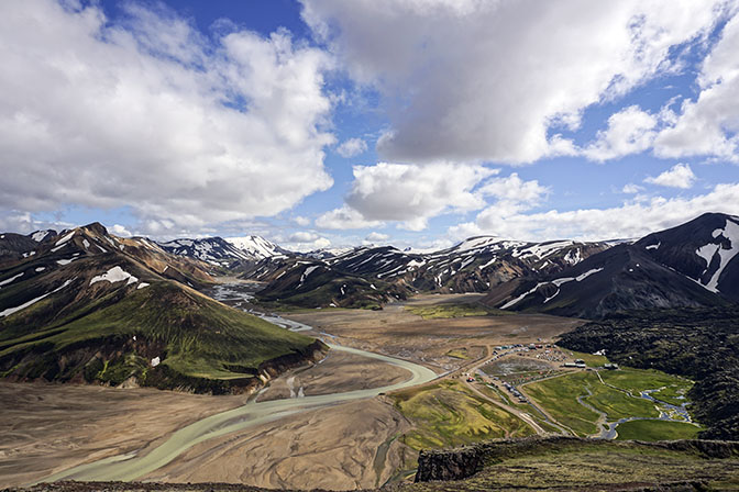 The Jokusla River (Jokulgilskvisl) winds through the rhyolite mountains and Landmannalaugar camp, view from Sudurnamur mountain, 2017