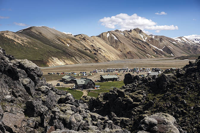 A view of Landmannalaugar camp viewed from the lava field, 2017
