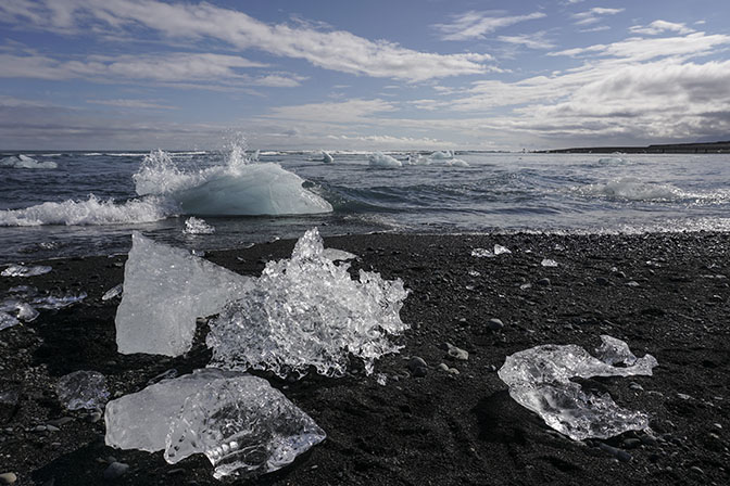 Ice blocks at The Dimond Beach, the ocean coast by Jokulsarlon glacial lagoon, 2017