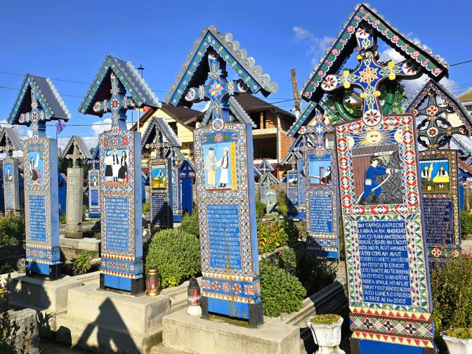Colored tombstones in The Merry Cemetery (Cimitir Vesel), Sapanta 2025