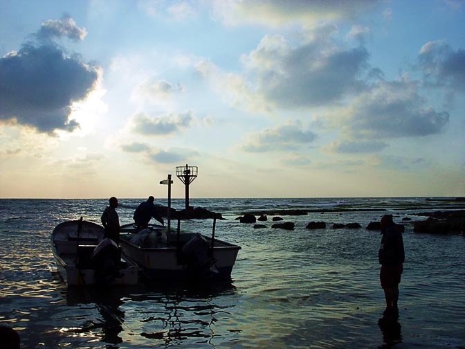 Fishing boats in Jaser a-Zarka beach, The Israel National Trail 2002