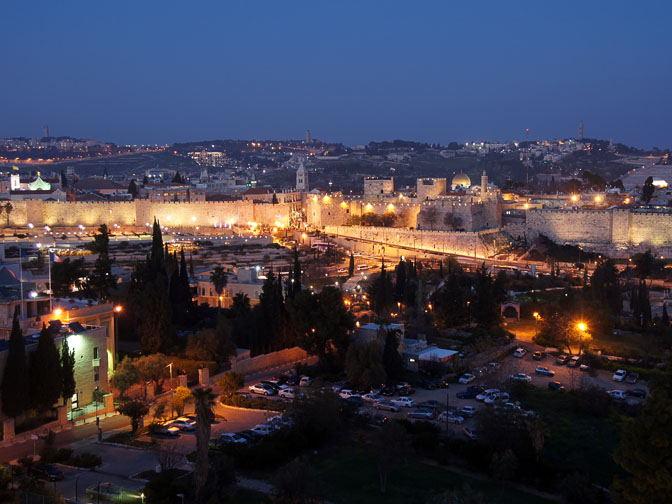 The view of The Old City lights at sunset, as seen from the rooftop of the King David hotel, 2012