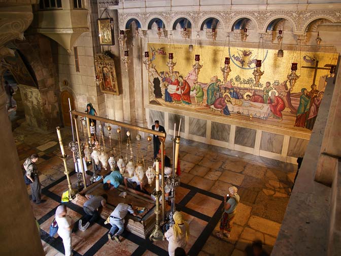 The Stone of the Anointing (Unction) and the mosaic of Jesus' death, at the Church of the Holy Sepulchre (the Church of the Resurrection), The Old City 2011