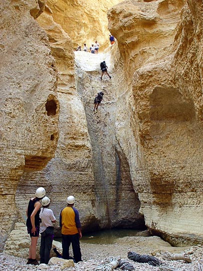 Rappelling (abseiling) in the Hardoof Creek gorge, 2003