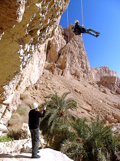 Rappelling (abseiling) in Peres Creek, in the south of the Judean Desert, 2006