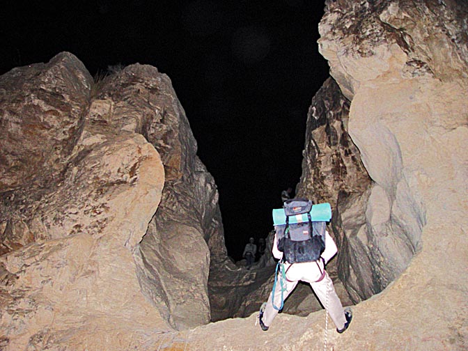 Rappelling (abseiling) at night in Tmarim Creek, 2003