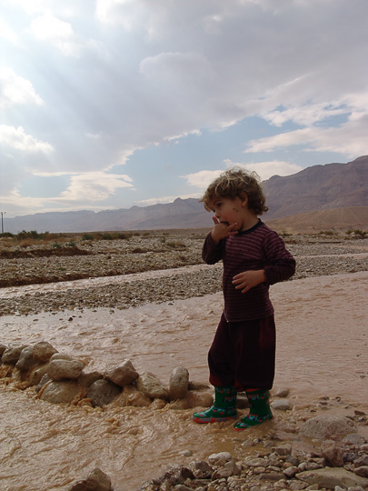 Michaeli wades in the water of Chever flood, 2007