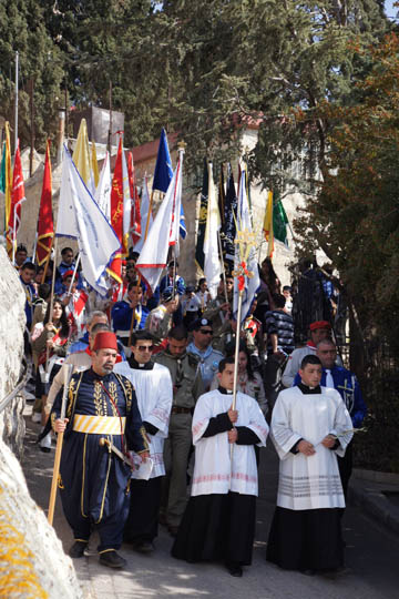 Flag bearers in the Catholic and Protestant procession, Mount of Olives  2012