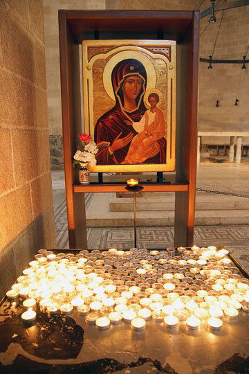 Icon of mary and Jesus inside the Roman Catholic church of the Multiplication of the Loaves and Fishes in Tabgha, The Gospel Trail, The Sea of Galilee 2011