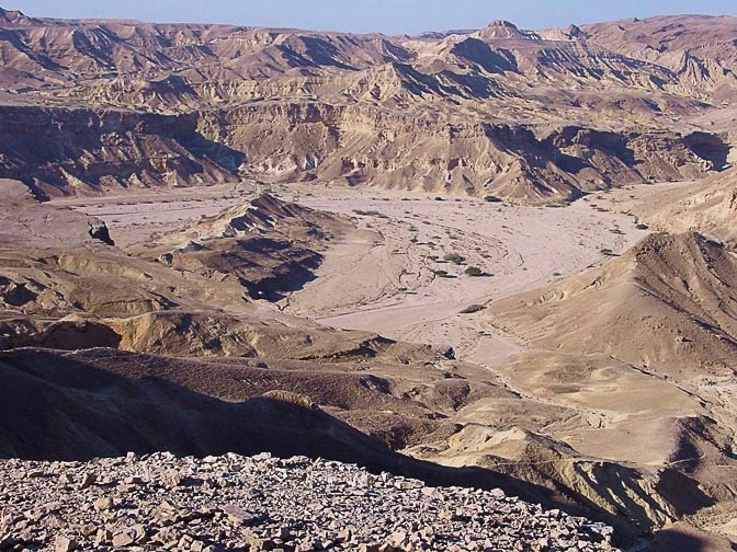 The Nekarot Creek horseshoe bend, with the Geled Creek confluence (right), from Mount Yahav, The Israel National Trail 2000