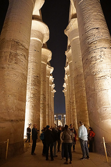 The great colonnade of Amenhotep III in the Luxor Temple of Thebes, illuminated at night, 2017