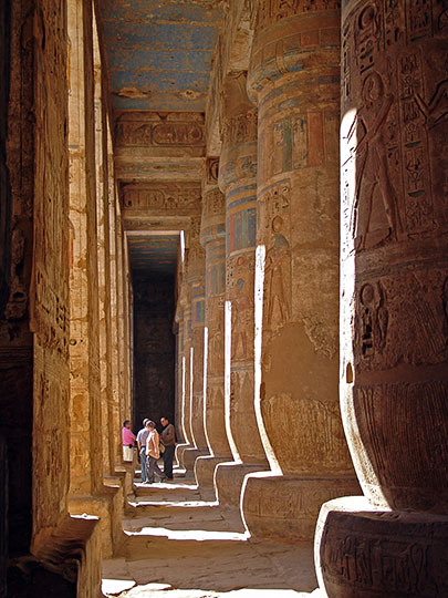 The colorful columns and ceiling in the Hypostyle Hall of The Mortuary Temple of Ramesses III at Medinet Habu, 2006