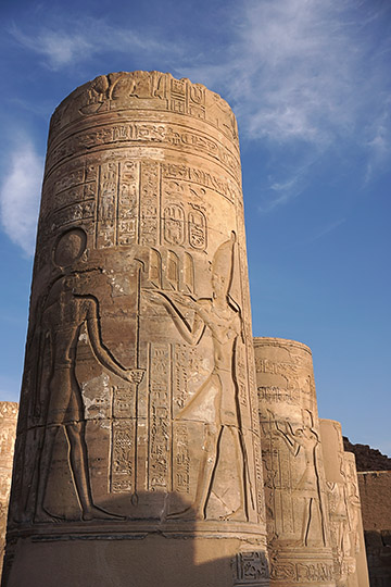 Decorated pilars at The Ptolemaic Temple of Kom Ombo, dedicated to Sobek the crocodile god, and Horus the falcon-headed god, 2017