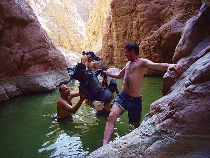 Crossing a water hole  in Wadi Abu Chsheb, East Sinai Peninsula 2003